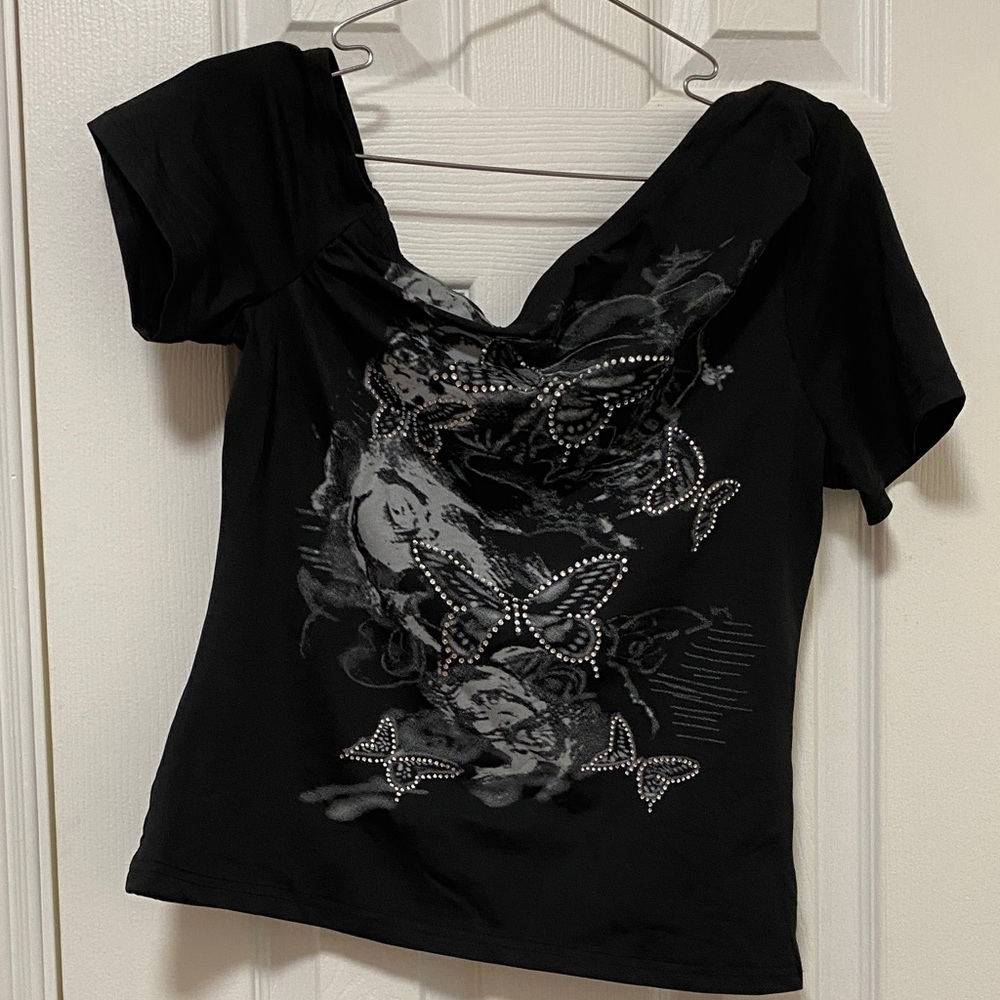 ROMWE Black Studded Butterfly Off the shoulder Tee